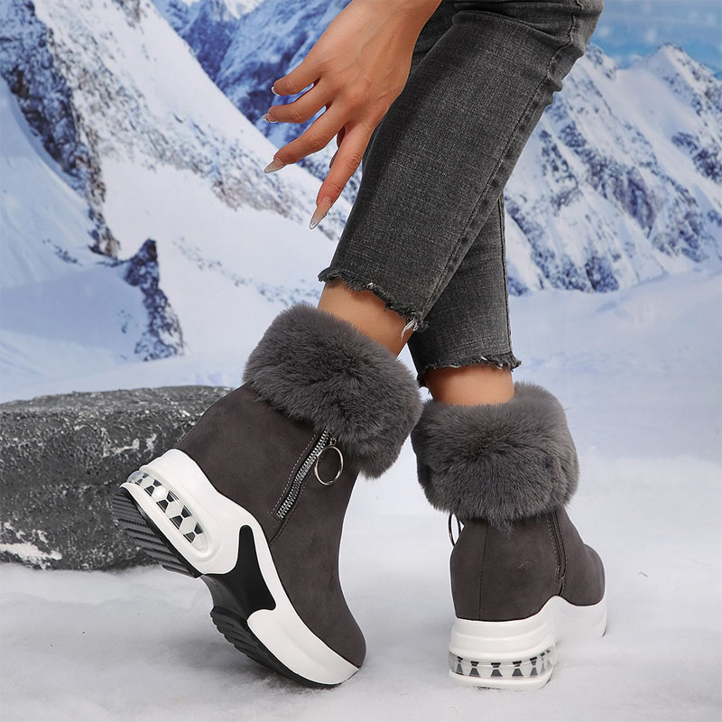 Shoeswoon Faux Fur Trim Side Zip Wedge Chunky Sole Boots