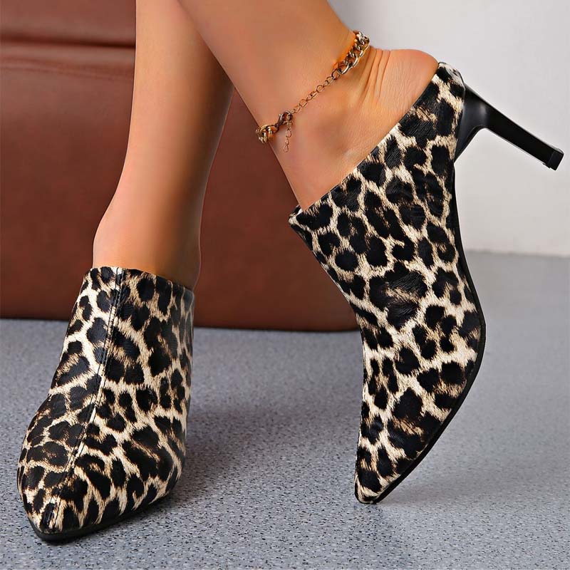Shoeswoon Fashion Faux Fur Leopard Pattern Pointed Mule Heels