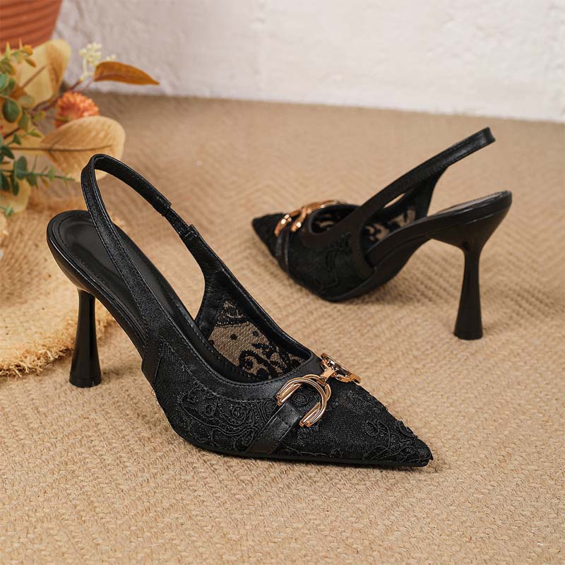 Shoeswoon Sheer Lace Horsebit Decor Pointed Slingback Flared Heels
