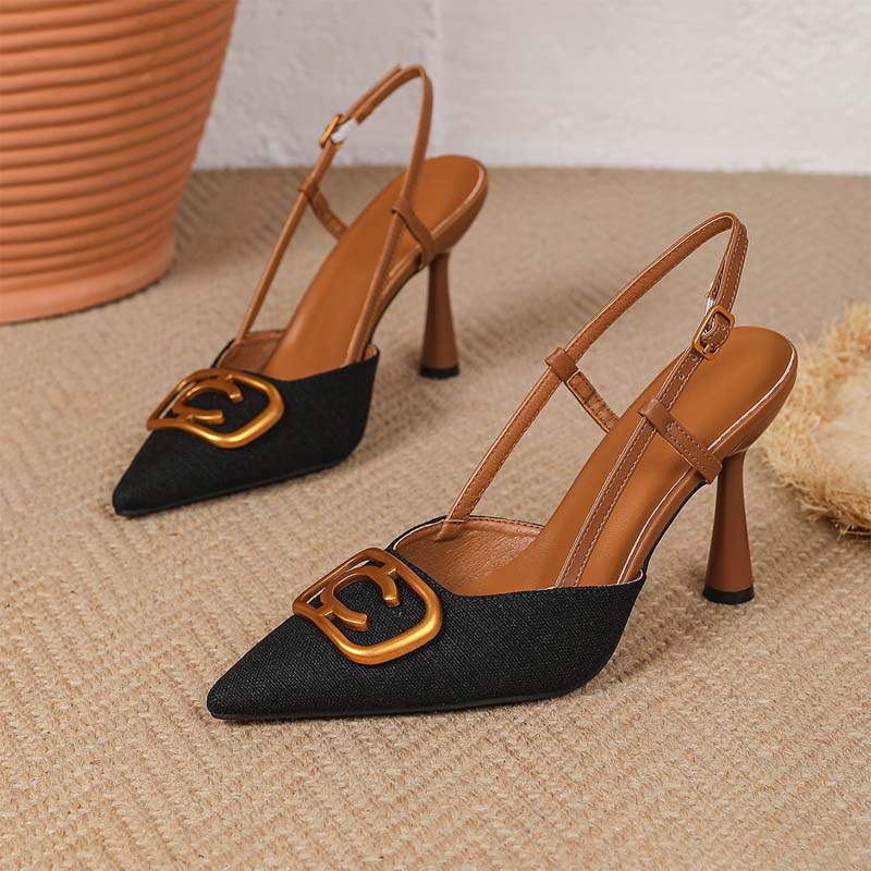 Shoeswoon Retro Fabric Spliced Leather Buckle Decor Pointed Slingback Heels