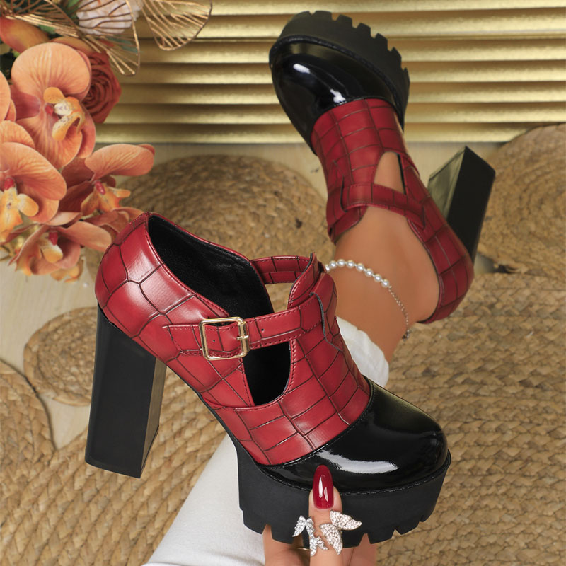 Shoeswoon Cap Toe Croc Print Side Cutout Chunky Platform Heels