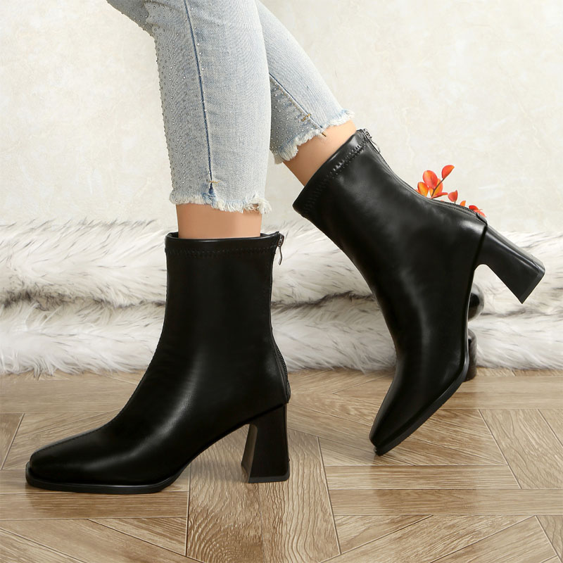 Shoeswoon Elegant Square Toe Flared Chunky Heel Rear Zipper Ankle Boots
