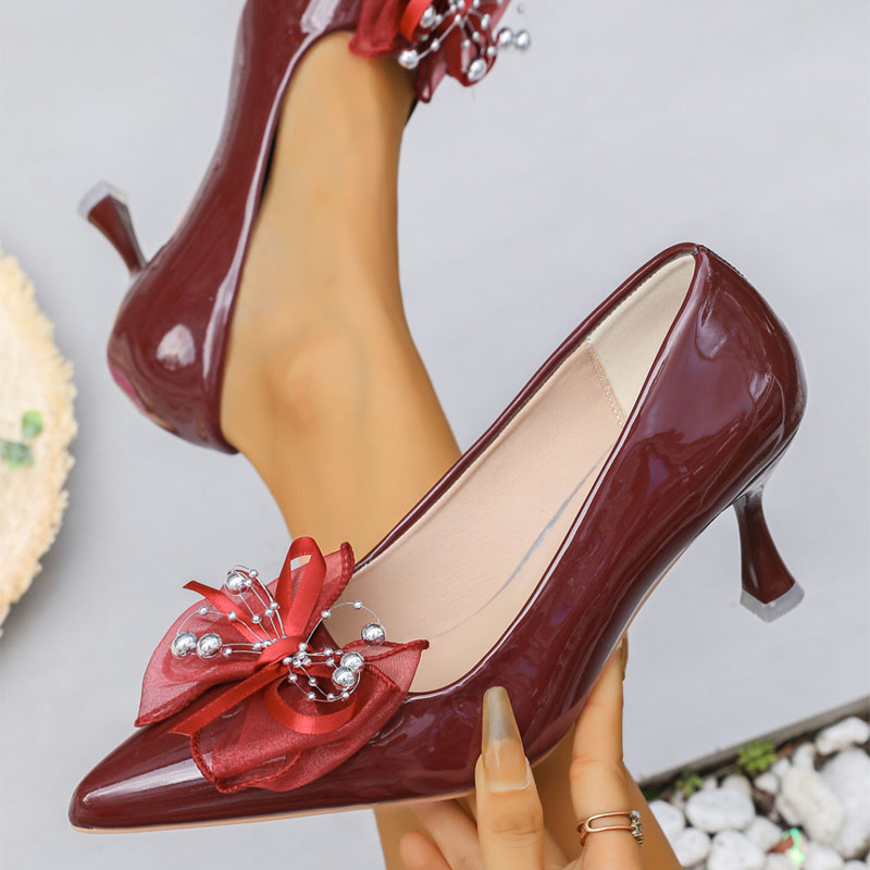 Shoeswoon Glossy Patent Pointed Toe Mesh Bow Pearl Decor Stiletto Heels