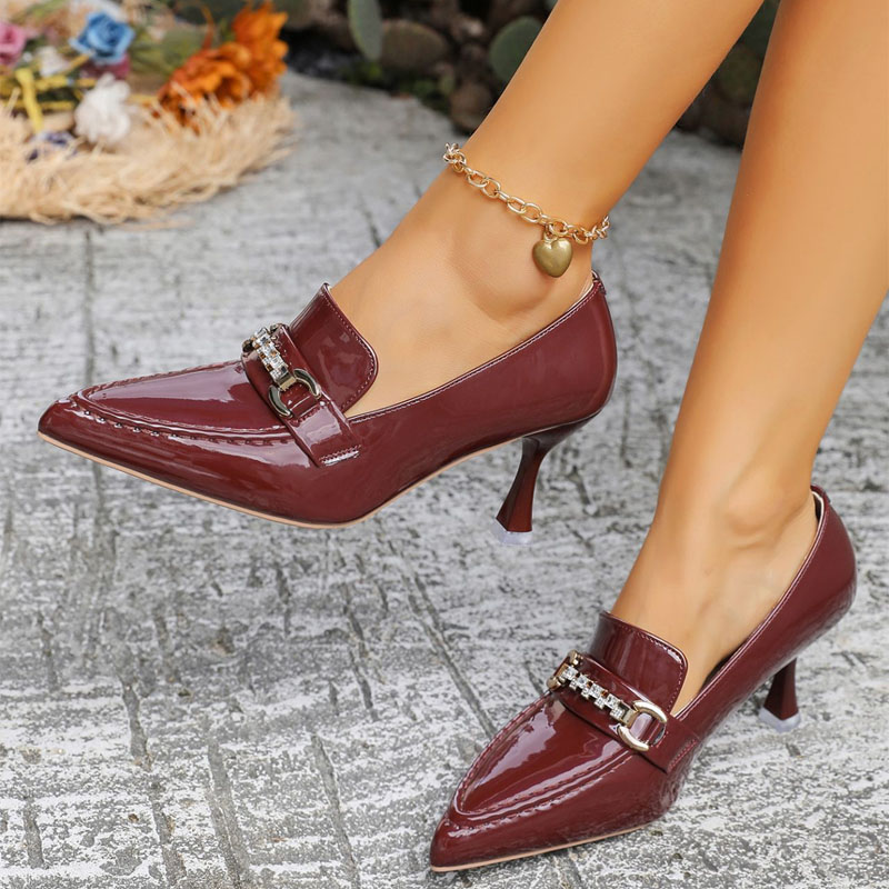 Shoeswoon Pointed Vamp Rhinestone Metal Buckle Patent Sculpted High Heels