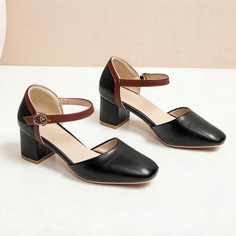 Shoeswoon Retro Color‑Block Ankle‑Buckle Mid Block‑Heel Mary Janes