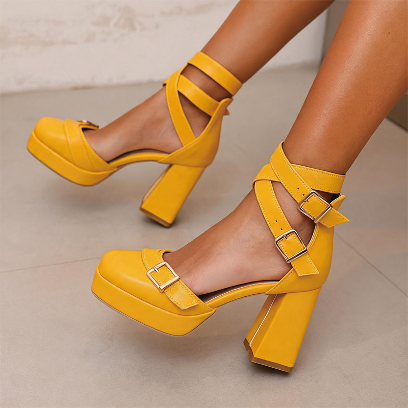 Shoeswoon Square‑Toe Gold‑Buckle Cutout High Block‑Heel Women's Mary Jane Pumps