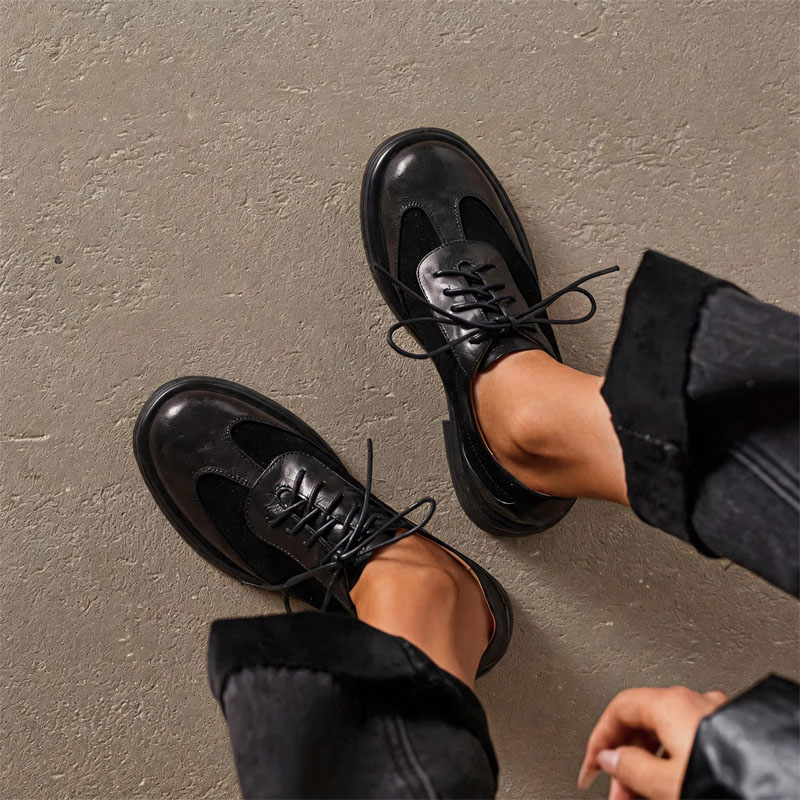 Shoeswoon Vintage Mixed‑Material Brogue Round Toe Lace‑Up Chunky Sole Women Retro Oxfords