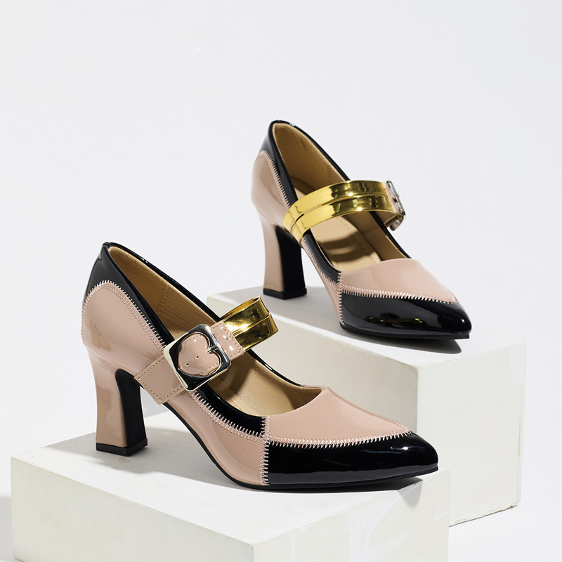 Shoeswoon Color Block Patent Heart Buckle Mary Jane Block Heel Pumps