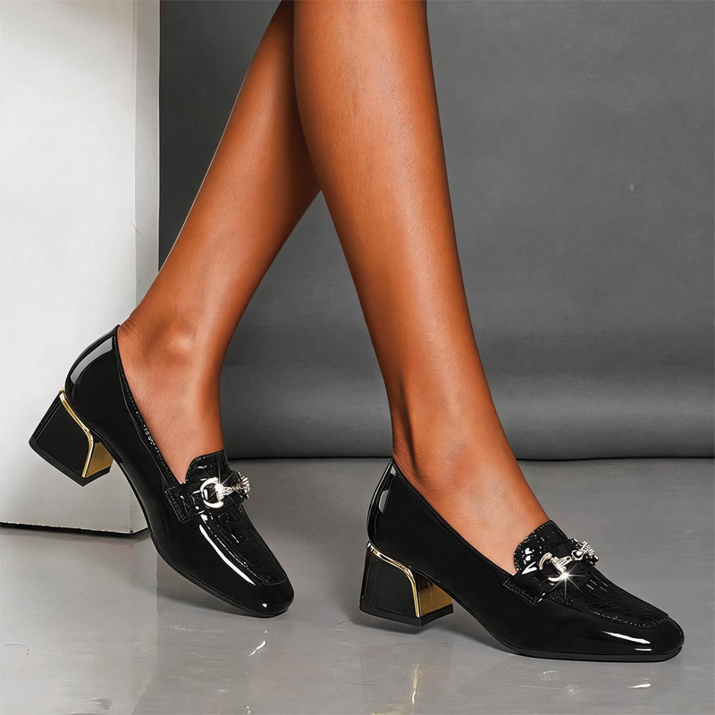 Shoeswoon Elegant Croc Embossed Rhinestone Metal Accent Block Heel Loafers