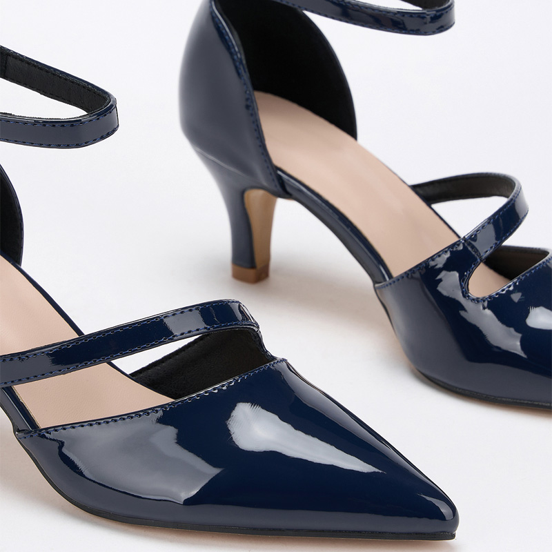 Shoeswoon Double Strap Pointed Toe Kitten Heel Ankle Strap Pumps