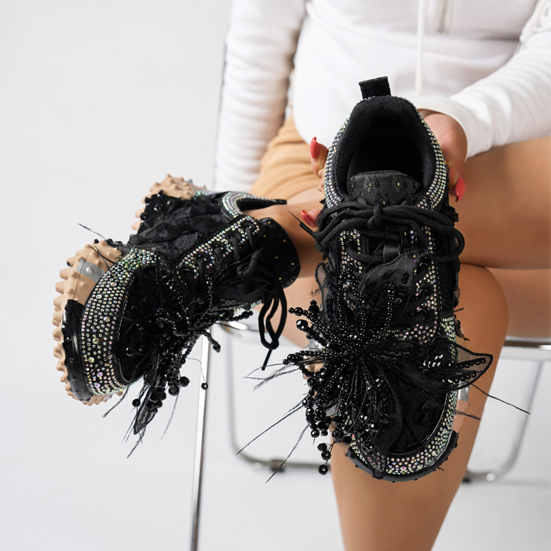 Shoeswoon Romantic 3D Floral Mesh Feather Pearl‑Crystal Decor Lace‑Up Fashion Sneakers