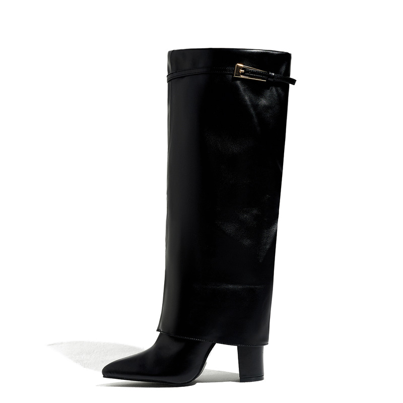 Shoeswoon Metal Buckle Fold‑Over Cuff Pointed Toe Block Heel Knee High Boots
