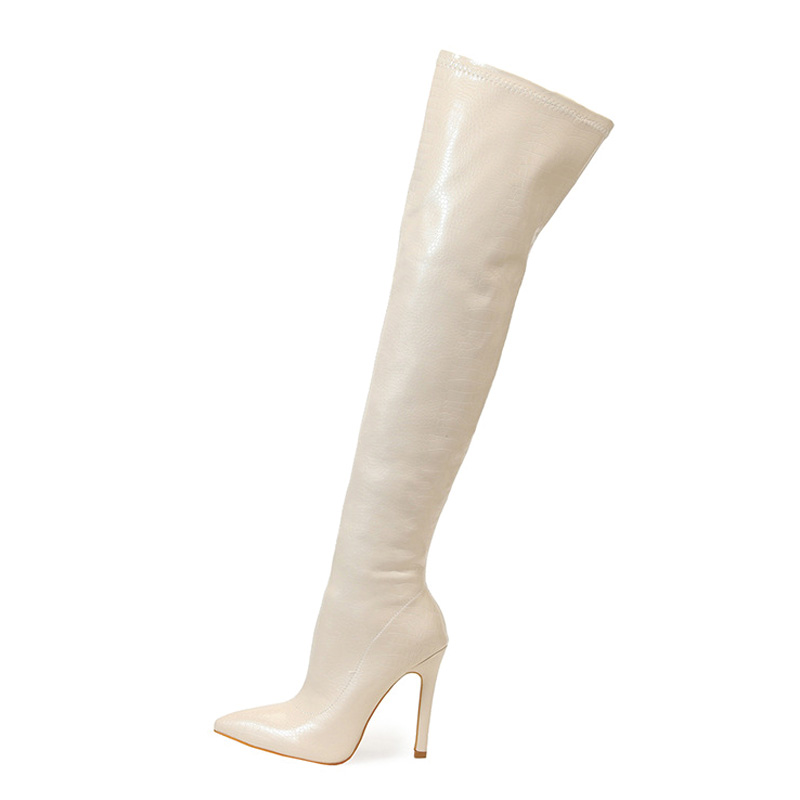 Shoeswoon Glossy Croc Embossed Side Zipper Stiletto Thigh High Boots