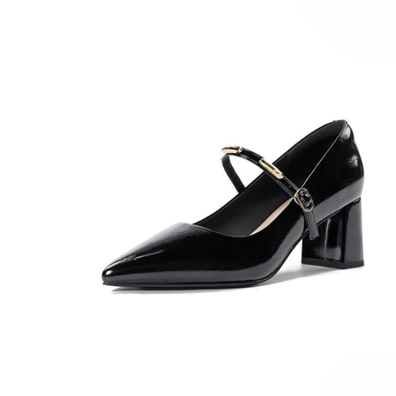 Shoeswoon Pointed‑Toe Mary Jane Pumps Minimal Metal‑Accent Strap Heels