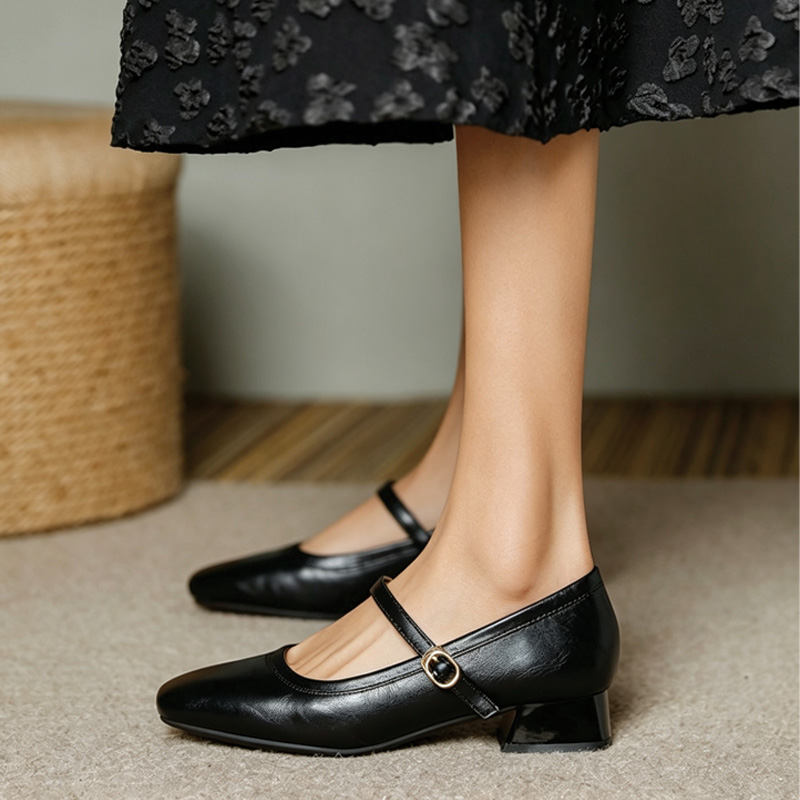 Shoeswoon Soft Leather Mary Janes Adjustable Buckle Instep‑Strap Low Heel Daily Shoes