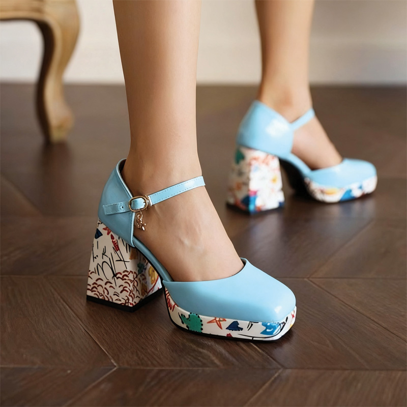 Shoeswoon Square Toe Ankle Strap Platform Heels Printed Chunky Block Heel