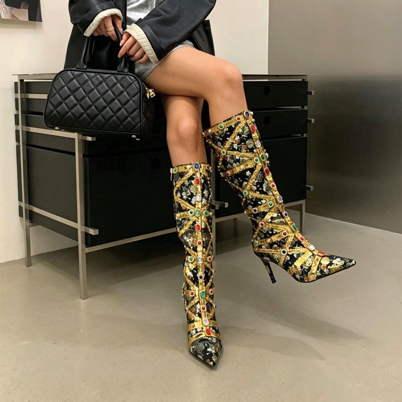 Shoeswoon Floral Jacquard Gem‑Embellished Pointed Toe Stiletto Knee‑High Boots