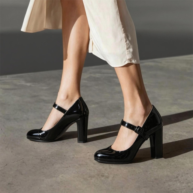 Shoeswoon Black Patent Round Toe Mary Jane Chunky Heel Pumps