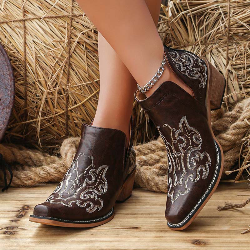 Shoeswoon Embroidery Western Ankle Booties Cut‑Out Stacked Block Heel
