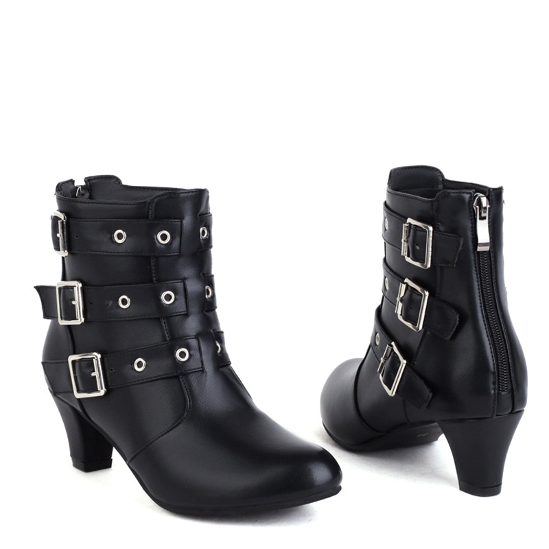 Shoeswoon Multi‑Buckle Plaid Panel Ankle Booties Block Heel Back Zipper