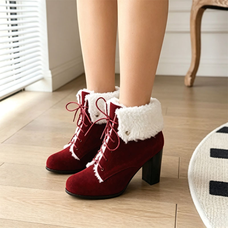 Shoeswoon Fleece‑Cuff Lace‑Up Ankle Booties Faux‑Fur Trim Block Heel
