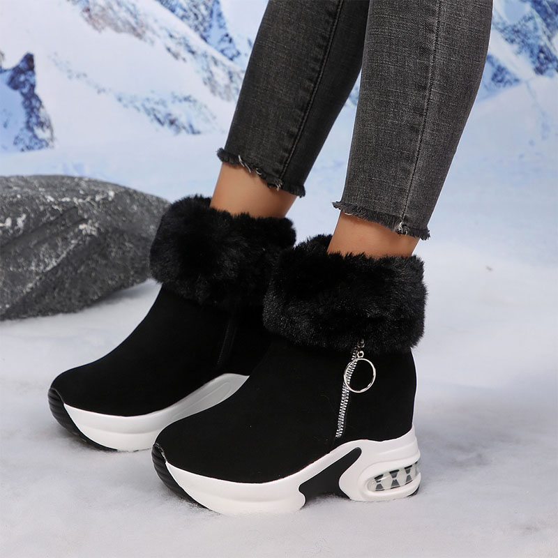 Shoeswoon Faux Fur Trim Side Zip Wedge Chunky Sole Boots