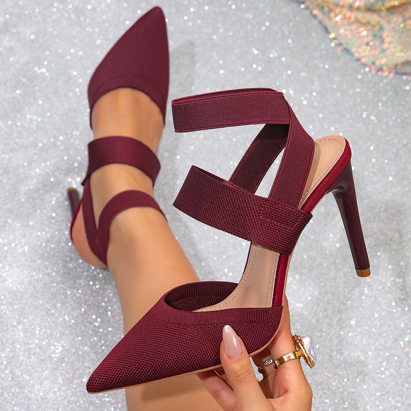 Shoeswoon Stretch Knit Pointed Toe Dual Band Ankle Strap Stiletto Heels