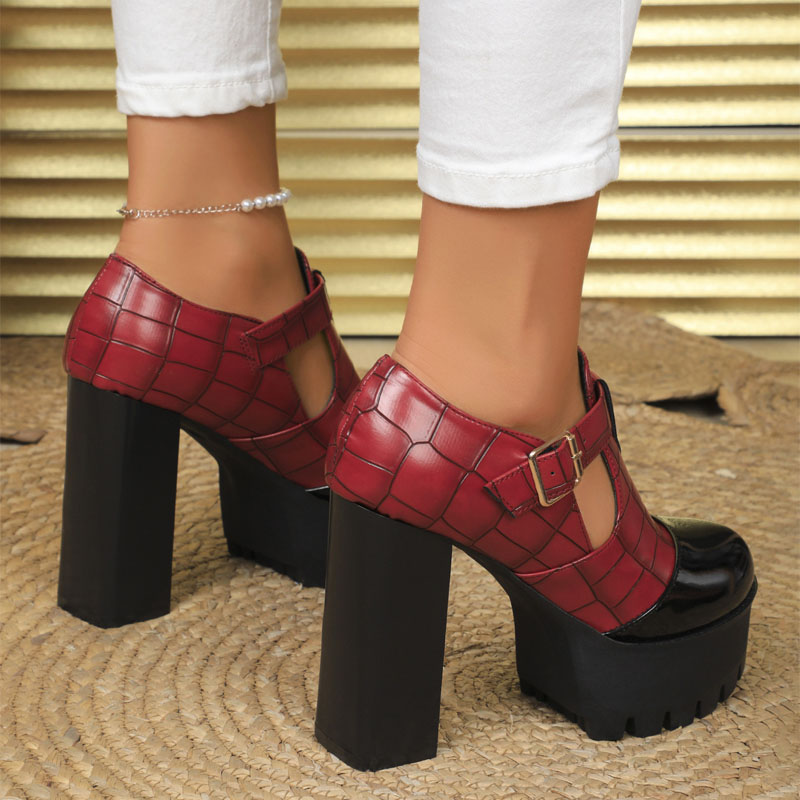 Shoeswoon Cap Toe Croc Print Side Cutout Chunky Platform Heels