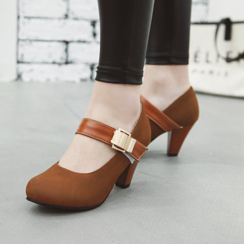 Shoeswoon Vintage Mary Jane Metal Buckle Round Toe High Heels