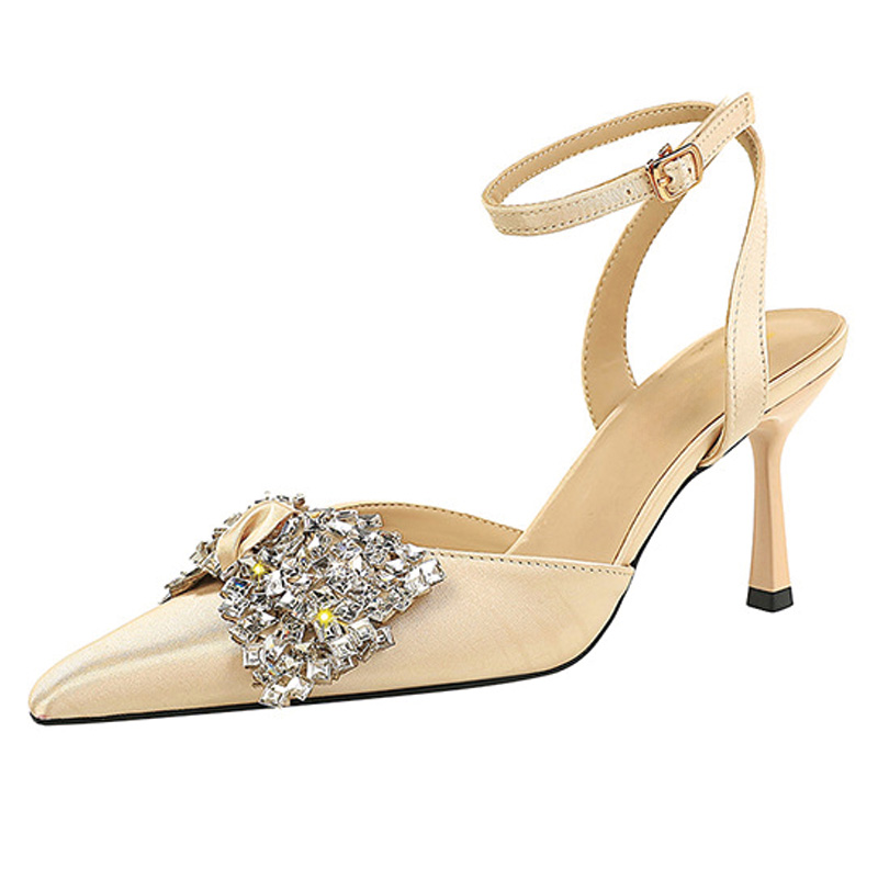 Shoeswoon Satin Rhinestone Bow Ankle Strap Slingback Pointed Toe Stiletto Heels