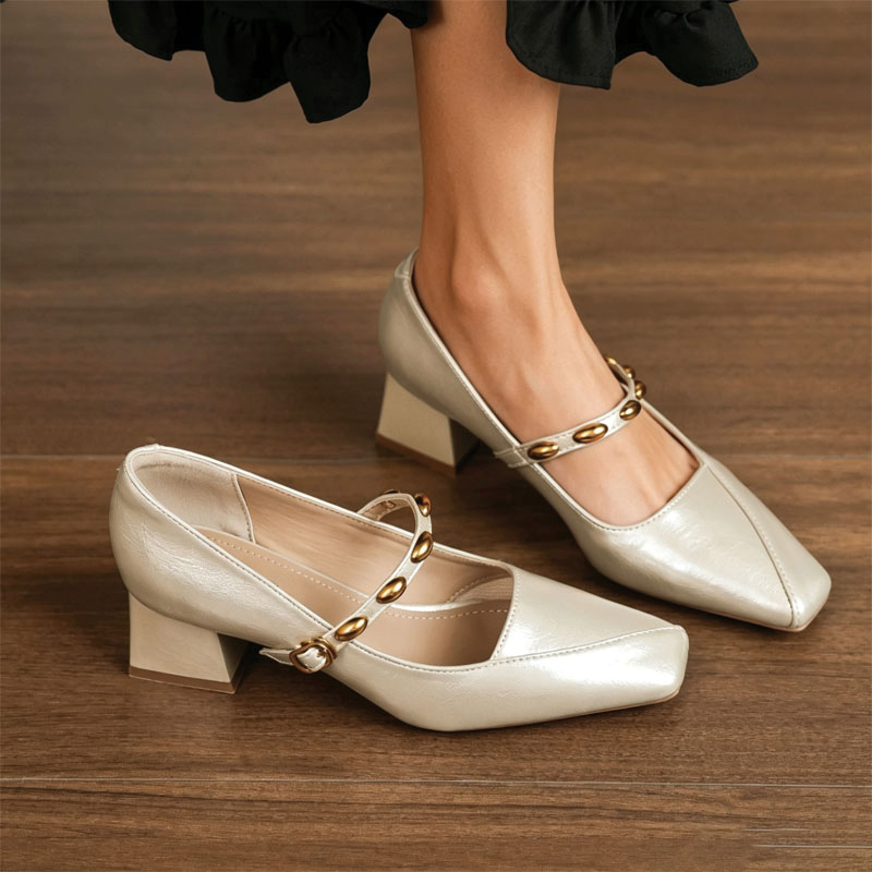 Shoeswoon Gold Metal Bead Strap Square Toe Block Heel Mary Jane Pumps