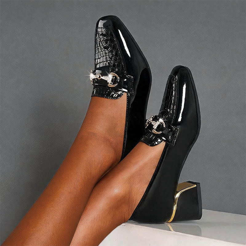 Shoeswoon Elegant Croc Embossed Rhinestone Metal Accent Block Heel Loafers