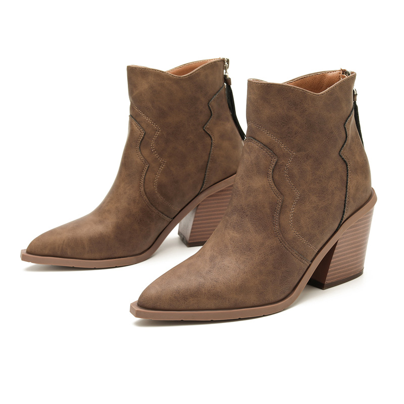 Shoeswoon Retro Tassel Back Zipper Chunky Block Heel Cowgirl Booties