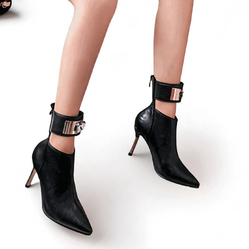 Shoeswoon Snake Print Cut‑Out Ankle Boots With Rhinestone Buckle Stiletto Heel