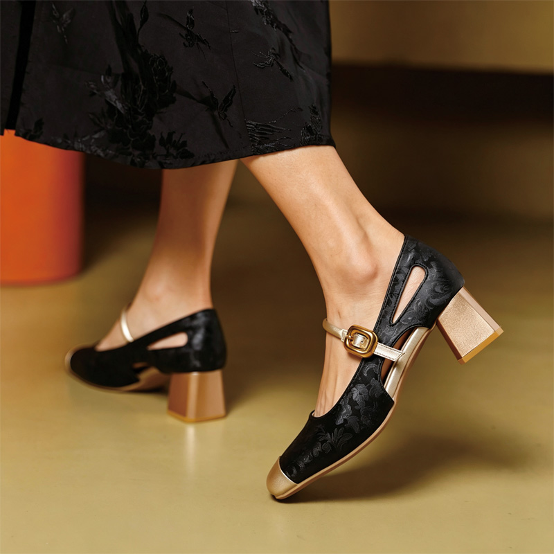 Shoeswoon Square‑Toe Side Cut‑Out Mary Jane Pumps Vintage Jacquard Dress Heels