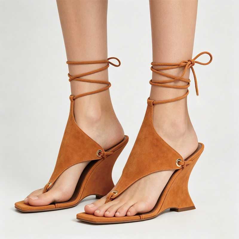 Shoeswoon Toe Ring Ankle Wrap Lace Up Sculptural Wedge Heel Thong Sandals