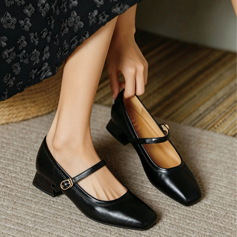 Shoeswoon Soft Leather Mary Janes Adjustable Buckle Instep‑Strap Low Heel Daily Shoes