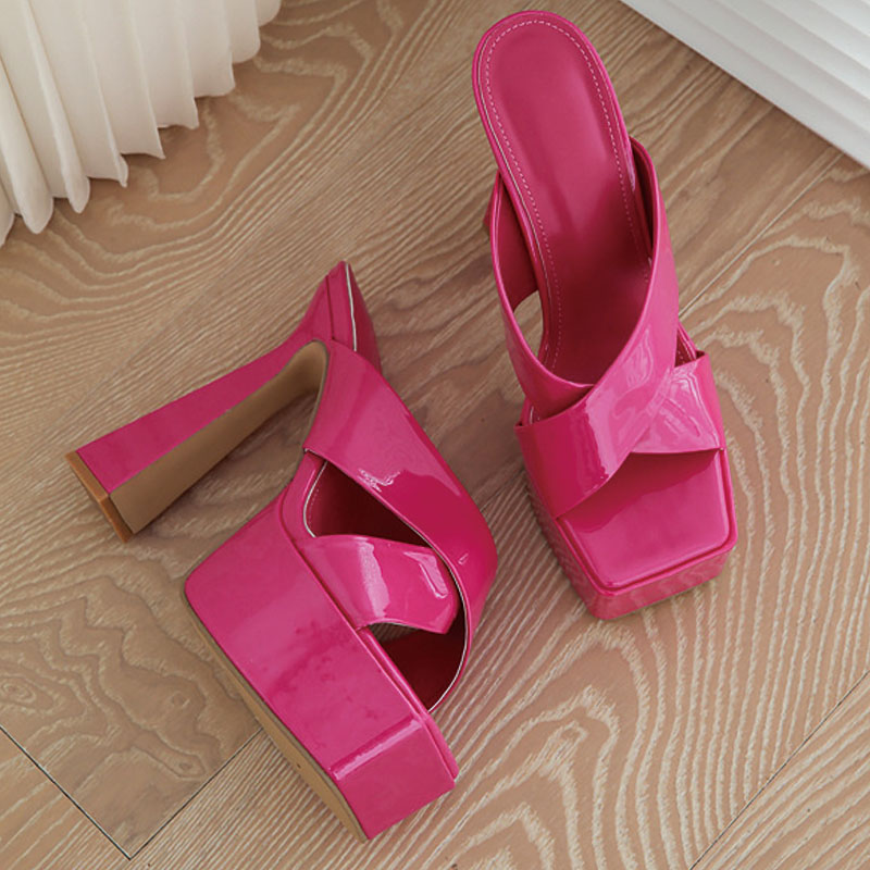 Shoeswoon Crisscross Strap Slip On Platform Flare Heel Mules