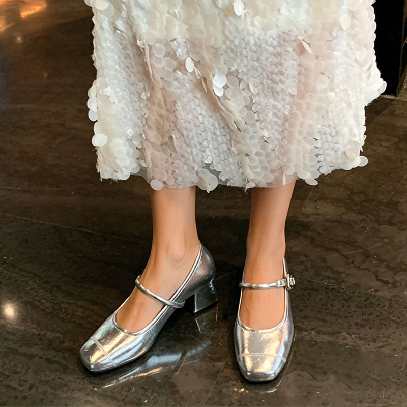 Shoeswoon Metal Buckle Square Toe Block Heel Mary Jane Pumps