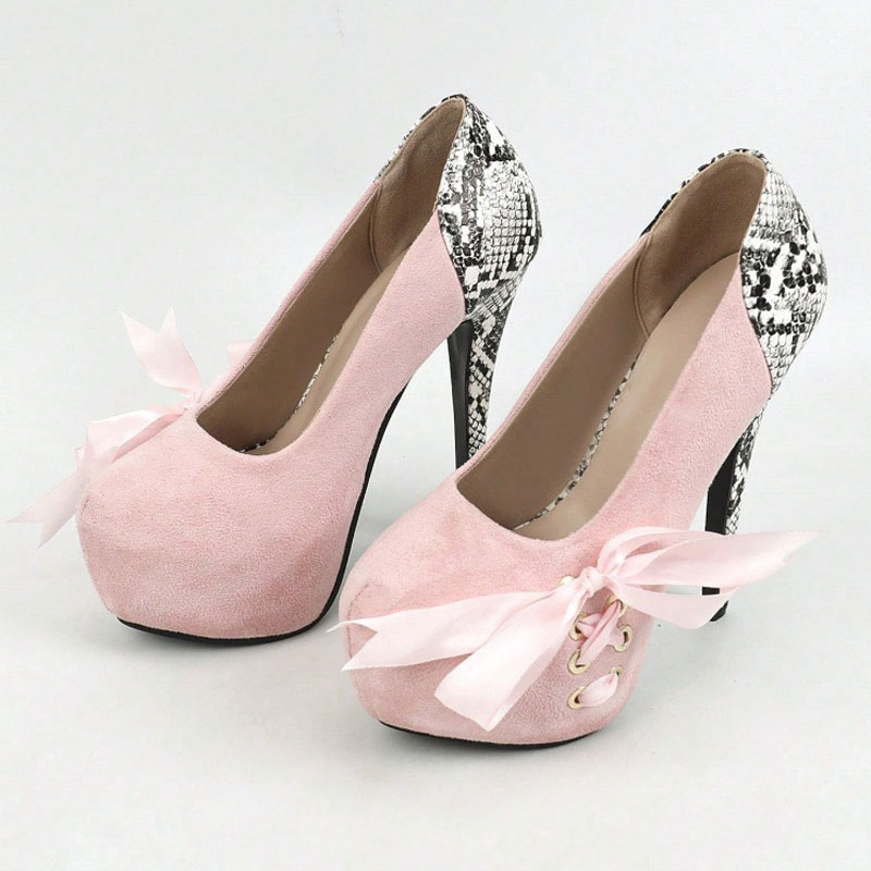 Shoeswoon Satin Bow Platform Stiletto Pumps Snake Print Splicing Round Toe Lace‑Up High Heels
