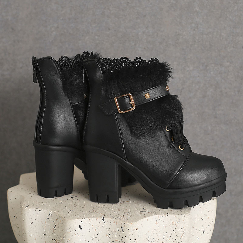 Shoeswoon Studded Buckle Fur Trim Ankle Booties Lace‑Up Platform Block Heel