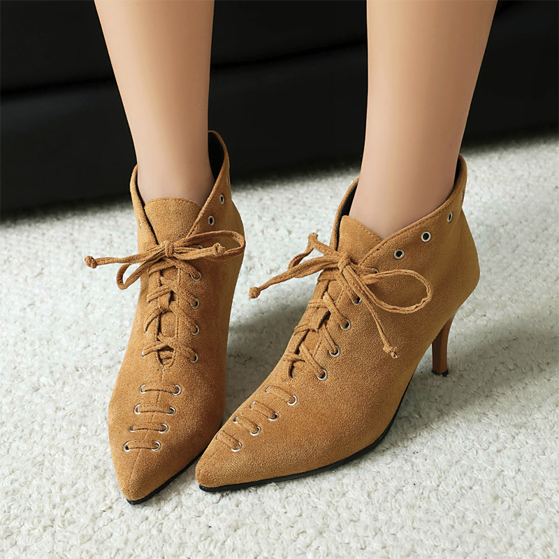 Shoeswoon Pointed Toe Lace‑Up Ankle Booties Eyelet Decor Stiletto Heel
