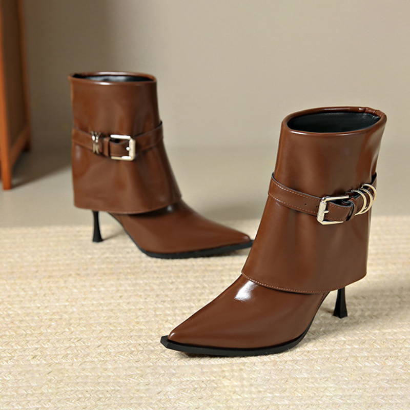 Shoeswoon Fold Over Buckle Strap Pointed Toe Stiletto Ankle Boots