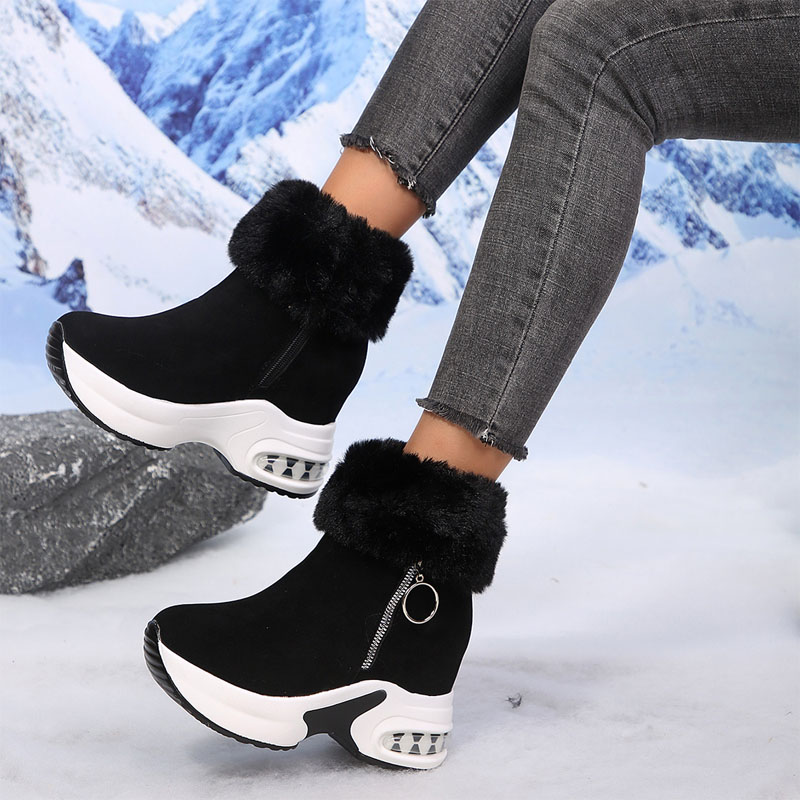 Shoeswoon Faux Fur Trim Side Zip Wedge Chunky Sole Boots