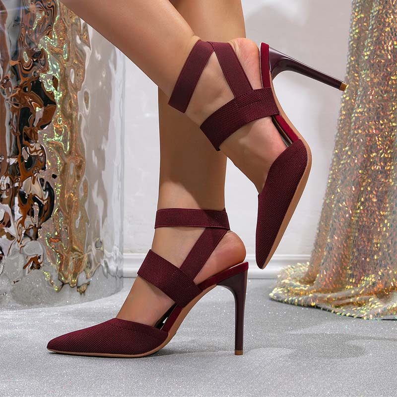 Shoeswoon Stretch Knit Pointed Toe Dual Band Ankle Strap Stiletto Heels