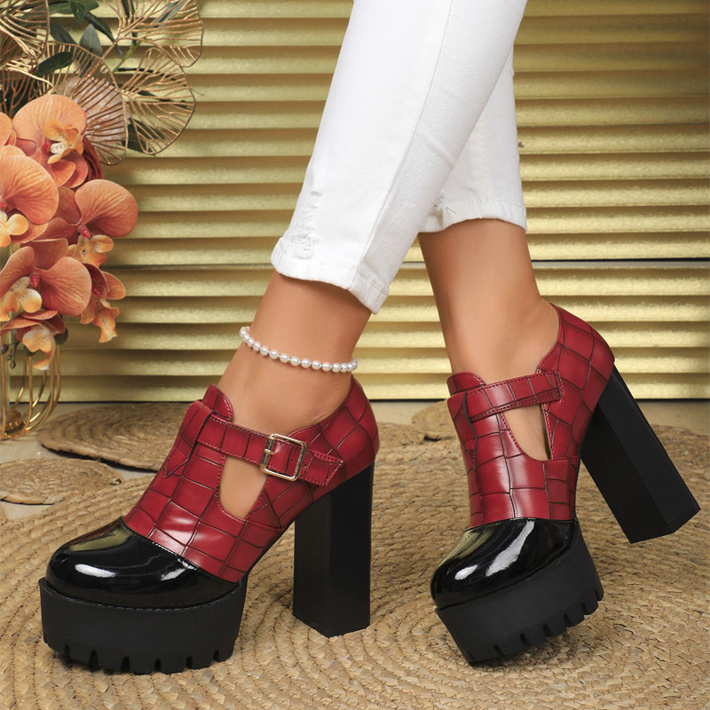Shoeswoon Cap Toe Croc Print Side Cutout Chunky Platform Heels