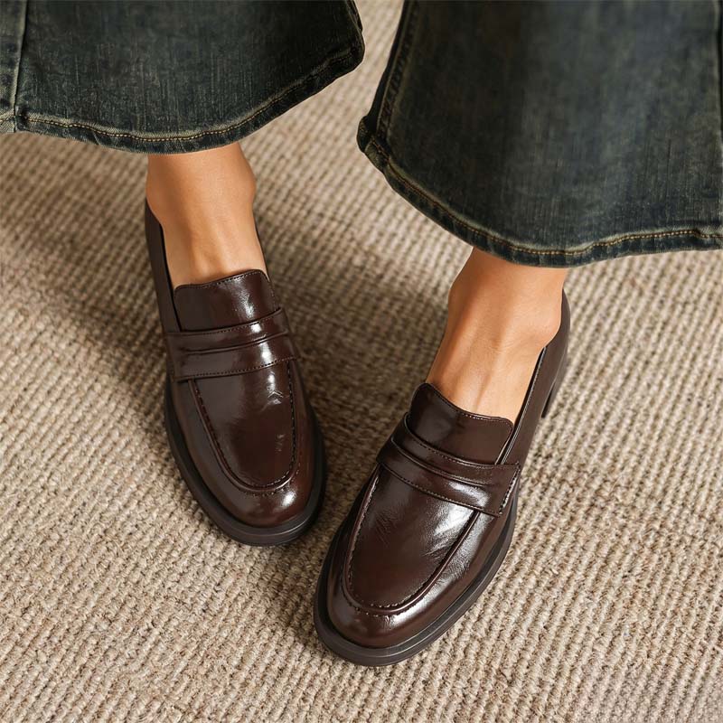 Shoeswoon Retro Pleated Strap Slip‑on Chunky Heel Office Loafers