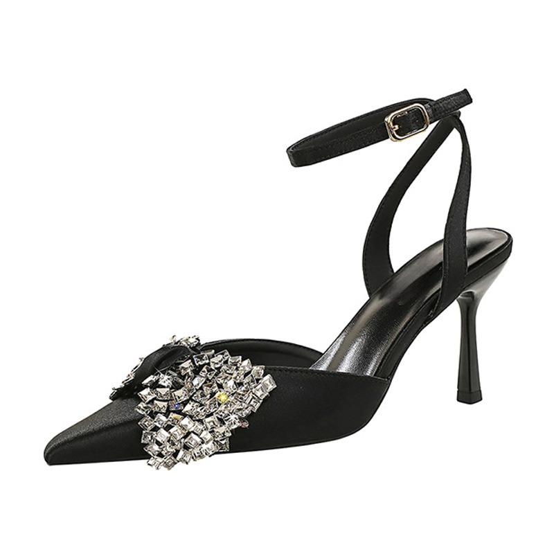 Shoeswoon Satin Rhinestone Bow Ankle Strap Slingback Pointed Toe Stiletto Heels