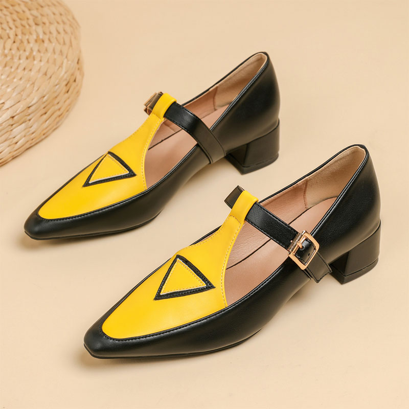 Shoeswoon Retro Contrast T‑Strap Buckle Mid Block Heel Mary Jane Shoes