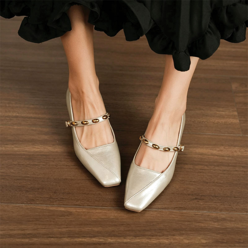 Shoeswoon Gold Metal Bead Strap Square Toe Block Heel Mary Jane Pumps
